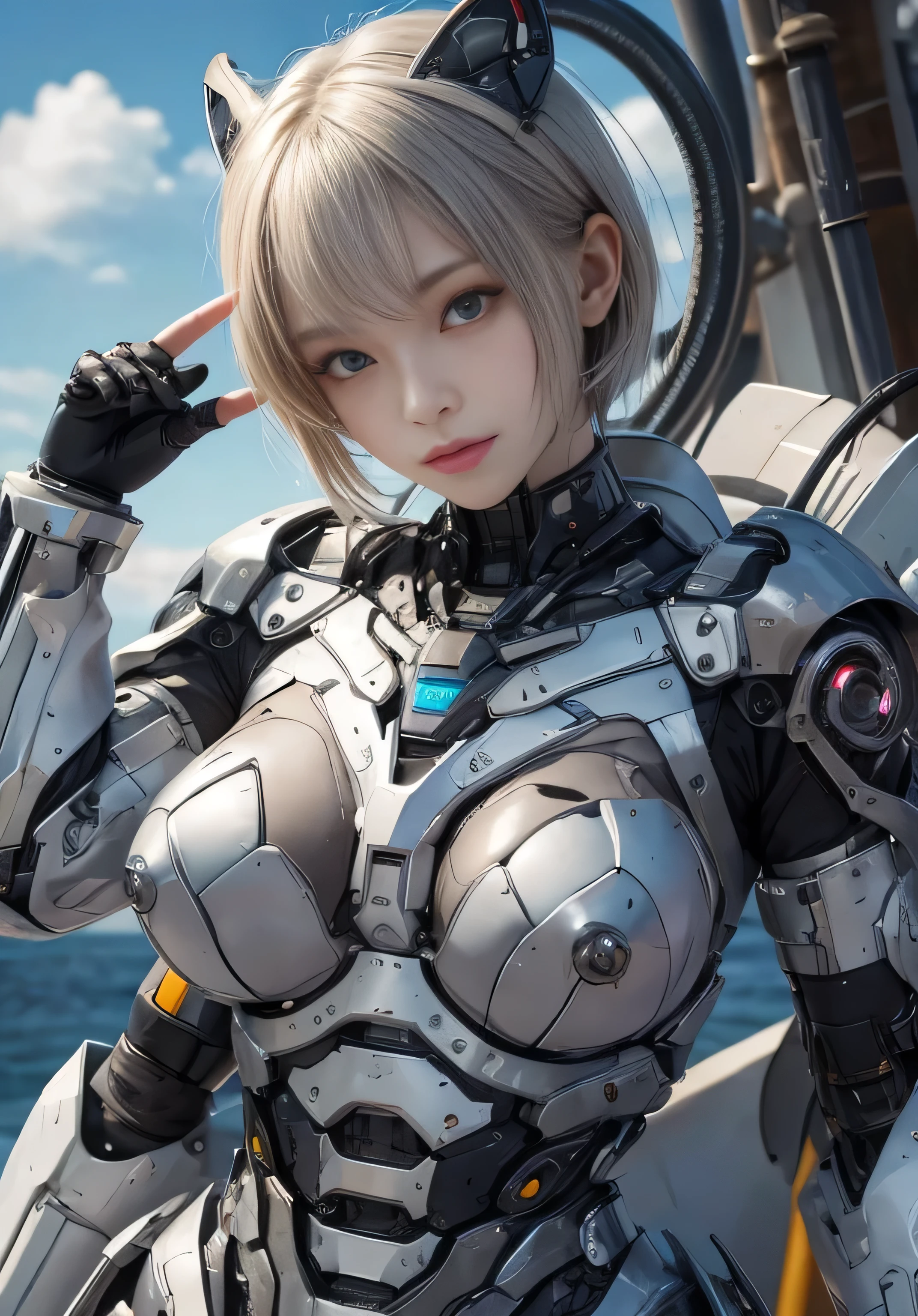 (RAW quality:1.4), Textured skin, Short Hair, Super detailed, Attention to detail, high quality, 最high quality, High resolution, 1080p, hard disk, young, beautiful,(cyborg),beautifulcyborgwoman,Mecha Cyborg Girl,Battle Mode,Girl with a mechanical body,She wears an erotic and revealing cyborg mech,Cowboy Shot, Mecha with exposed underbust and lower abdomen, (hard nipples erect:1.4), (nipples pointing up:1.4), (A little pubic hair:1.4), White Gundam Mecha, Combat pose,