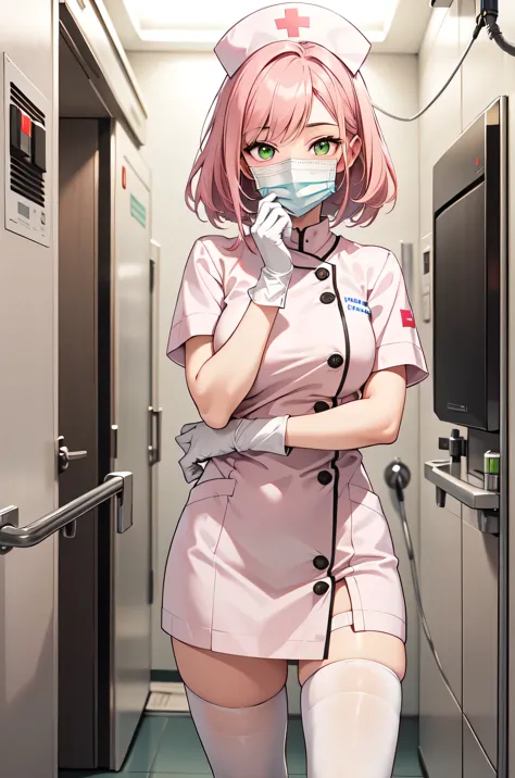 1woman, solo, nurse, white nurse cap, white nurse uniform, ((white legwear, zettai ryouiki)), white gloves, pink hair, green eye...