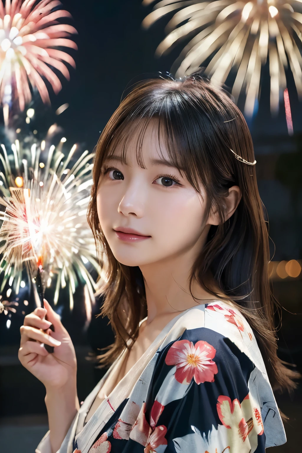 Detailed Yukata, (((Fireworks set off in the background))), (highest quality,masterpiece:1.3,超A high resolution,),(Very detailed,Caustics),(Realistic:1.4,RAW shooting,)Ultra-Realistic Capture,Very detailed,High resolution 16K suitable for human skin、 Natural skin texture、、Skin tone is even and healthy looking、 Use natural light and color,One Woman,Japanese,,cute,Medium Hair,(Written boundary depth、chromatic aberration、、Wide range of lighting、Natural Shading、)、(Outdoor lighting at night:1.4)、(Hair swaying in the wind:1)、（Exposure:3.0）