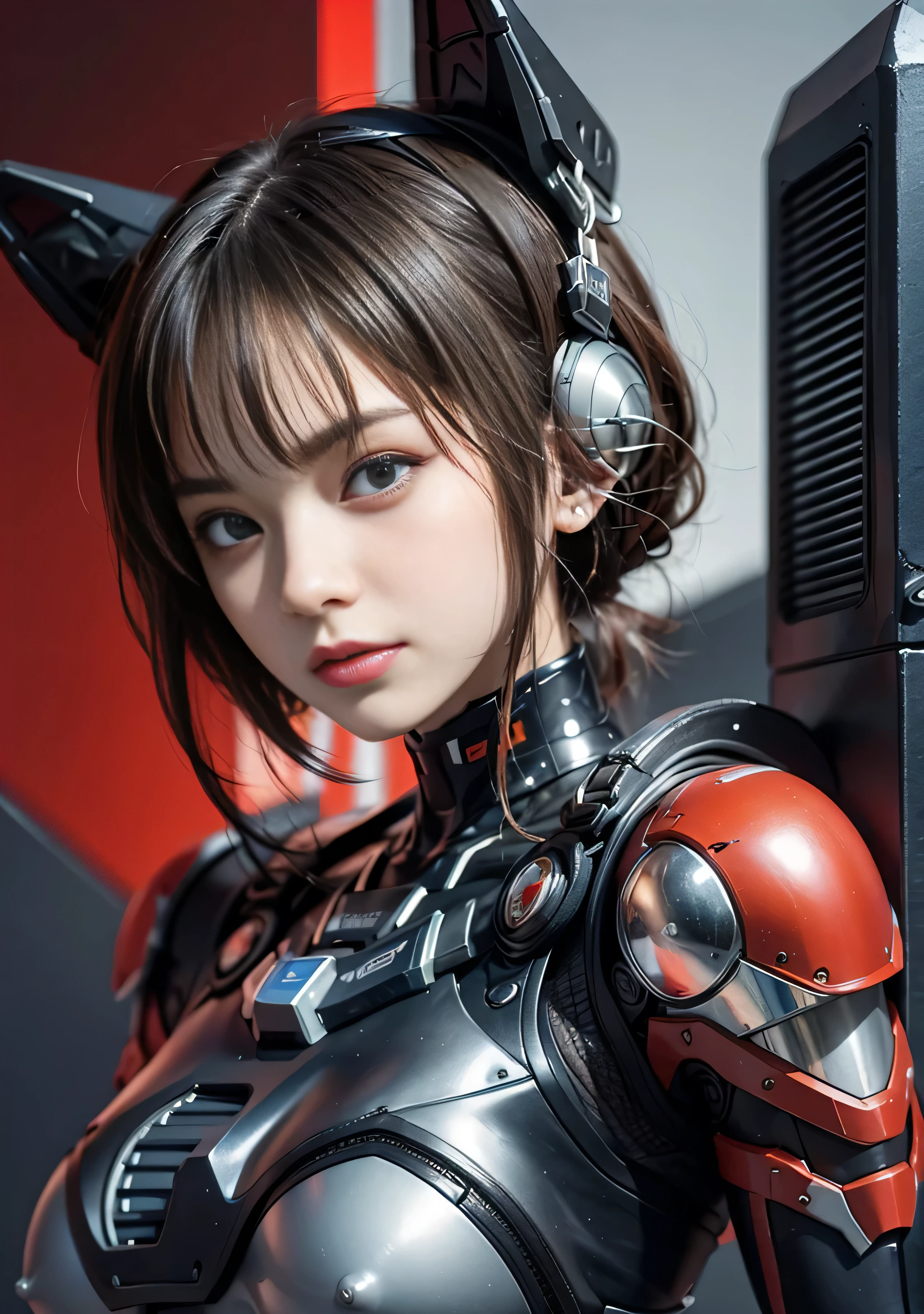 (RAW quality:1.4), Textured skin, Short Hair, Super detailed, Attention to detail, high quality, 最high quality, High resolution, 1080p, hard disk, young, beautiful,(cyborg),beautifulcyborgwoman,Mecha Cyborg Girl,Battle Mode,Girl with a mechanical body, Embarrassed expression, She wears an erotic and revealing cyborg mech, (A boob machine that emits a strong red light), Cowboy Shot, Bare shoulders and cleavage, From the underbust to the abdomen, exposed bare skin, (hard nipples erect:1.4), (nipples pointing up:1.4), (A little pubic hair:1.4), White Gundam Mecha, Combat pose,