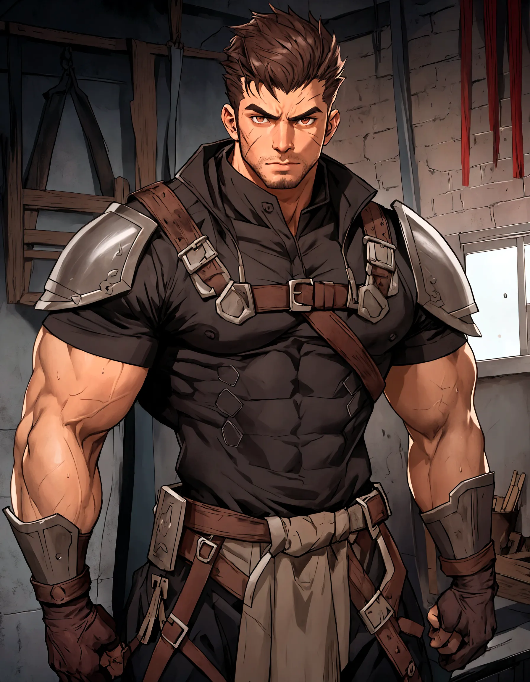 solo,scar,blacksmith，with a hammere，at work，sweat,a man in a shirt stands in the room, muscular! muscular male hero, muscular!! ...