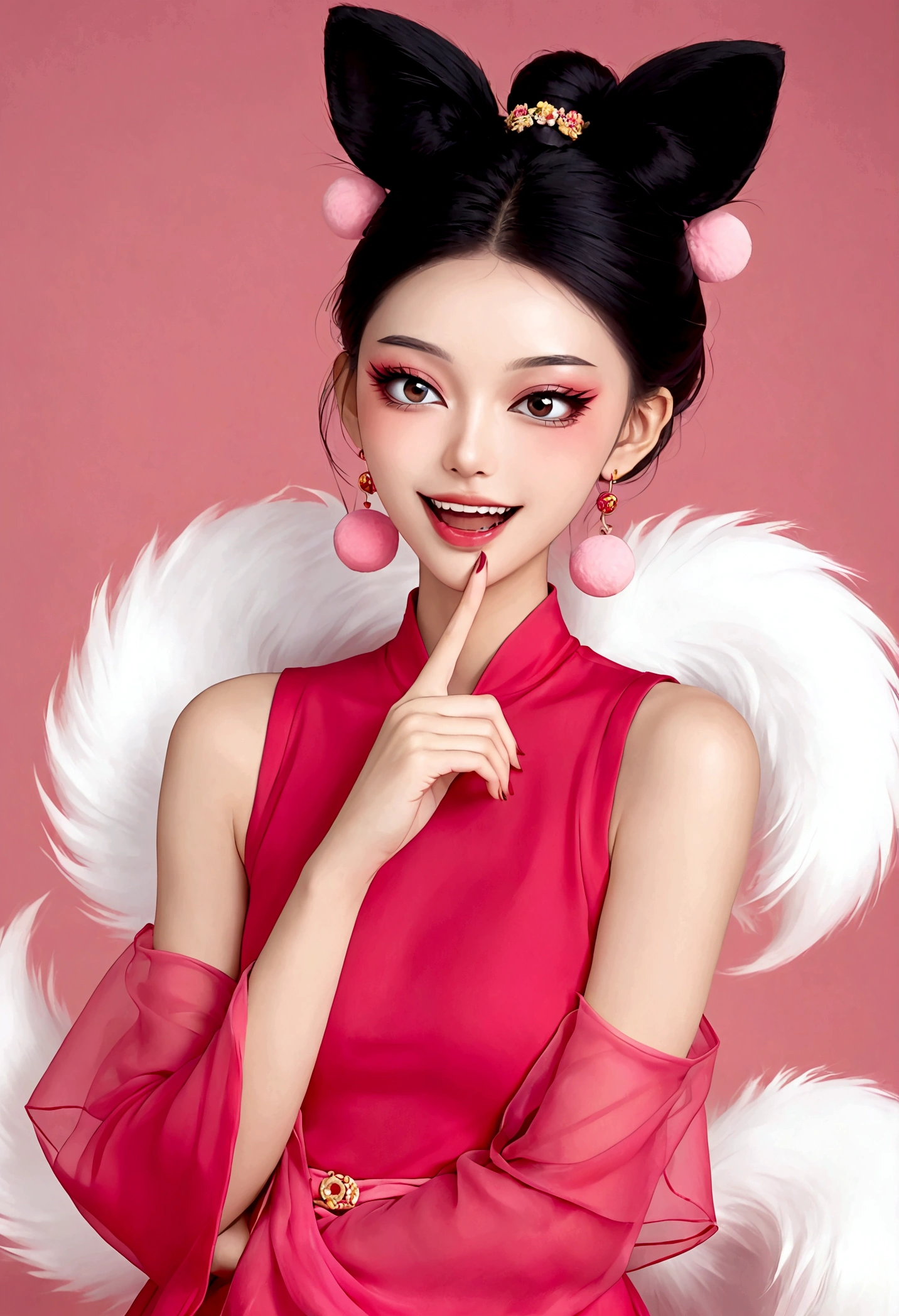 《Daji》Beautiful face，beautiful eyes，Pink Eyeshadow，laughing out loud，Fangs，(((9 big, fluffy tails)))，Black high bun，Pink pompom earrings，Sexy red sleeveless Chinese dress，Pink love bubble，Place your finger to your mouth