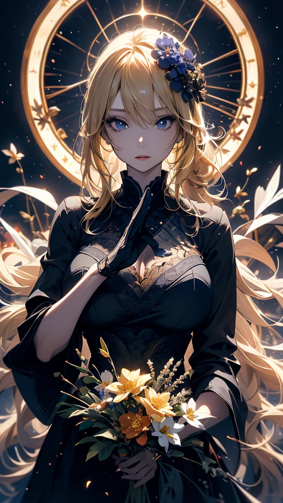 masterpiece, high quality, 4K, Beautiful design, silhouette，blonde， 非常に詳細な夜のStarry Sky,Flower Field， wonderful, Finer details,  Very knowledgeable woman, Highly detailed solo, 1 female,Big Breasts，Gothic Lolita Fashion，witch，Night view，Starry Sky，full moon，