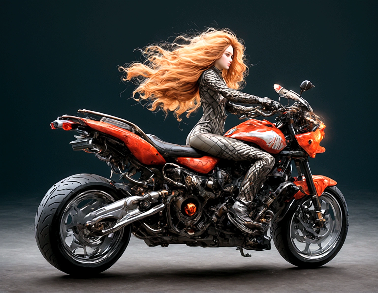 (masterpiece), (highest quality), (1 girl)、 Great composition,A slim and  beauty wears a rider suit and races through the wilderness on a large motorcycle.、Without helmet、、Twilight Wilderness、A depiction that gives a sense of speed、Dynamic Movement