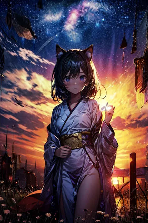 anime cat girl wearing cat ears kimono, looking over your shoulder, anime drawing by yang j, pixiv contest winner, sequential ar...