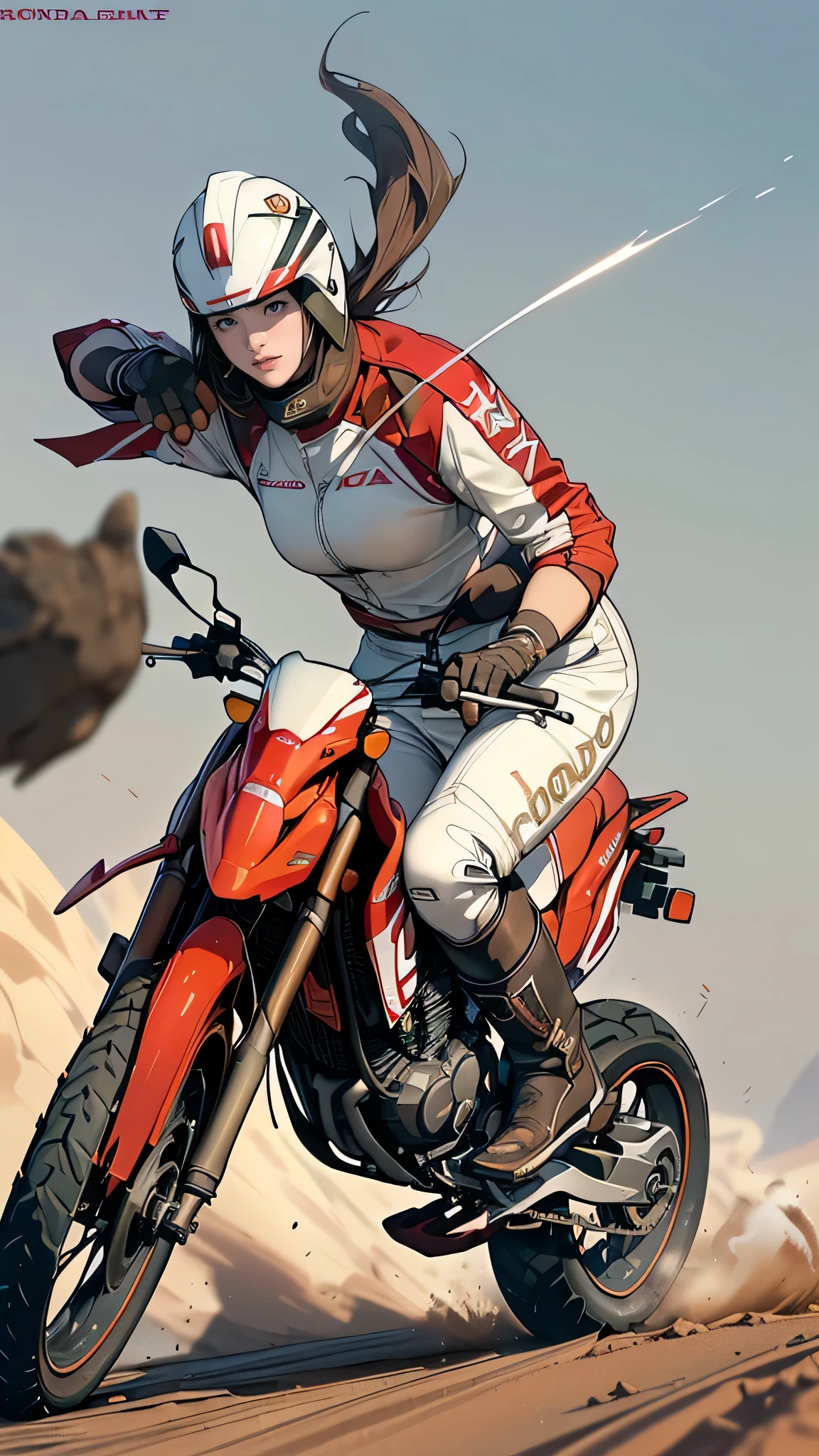 ((1 screen)), (((No logo))), Break Dynamic Angle, break (((riding a large Off-road motorcycle made by the HONDA company XLV750R,red and white:1.8))), Break Midsummer afternoon, ((The Sunshine, hot,Sweat:1.3)), break (((Military pattern high leg bikini:1.5))), break (Baja 1000 Race), (Altitude 3096m,Driving on dirt in Picacho del Diablo)), (((Firmly grasp the left and right handle grips))), break (highest quality,4K,8k,High resolution,masterpiece:1.2),Super detailed,(Realistic,photoRealistic,photo-Realistic:1.37), (perfect anatomy), (Perfect ratio of fingers to thumb), (Symmetrical face), break (Beautiful young woman rider(Simple Helmet, Gloves,boots:1.5)), break (8 heads,Beautiful body line), (Medium breast,Beautiful valley), (Flat stomach), (Small waist), (Beautiful big ass), break ((Expressing a sense of speed:1.5)), ((Expressing the feeling of sprinting)), (((Sprint,walking fast,Explosive,Pleasure))), (Driving on dirt) (((Flying sand and intense dust))), break (((A smile comes to mind))), (((I&#39;m so happy I can&#39;t help but laugh))), (((Here we go!!How about it!!))) break ((HONDA XLV750R: Car height,High seat height,Big body)) break