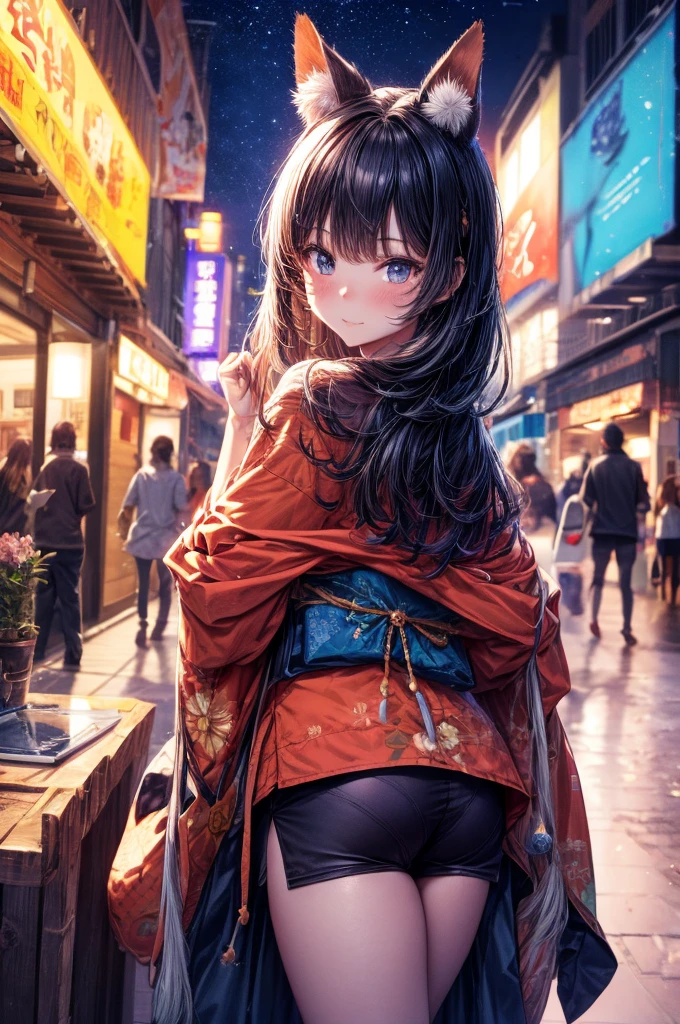 Anime-Katzenmädchen mit Kimono mit Katzenohren, Blick über die Schulter, Anime-Zeichnung von Yang J, Gewinner des Pixiv-Wettbewerbs, sequentielle Kunst, デジタルAnime-Illustration, kawashi, Illustrationen im Anime-Stil, Anime-Stil 4K, Wunderschöne Anime-Porträts, Porträt im Anime-Stil, Kunstwerke im Anime-Stil, Kunstwerk im Gwaise-Stil, Anime-Illustration, digitale Anime-Kunst, Detailed digitale Anime-Kunst, schöner Sternenhimmel, ((wunderschöne Nachtansicht))