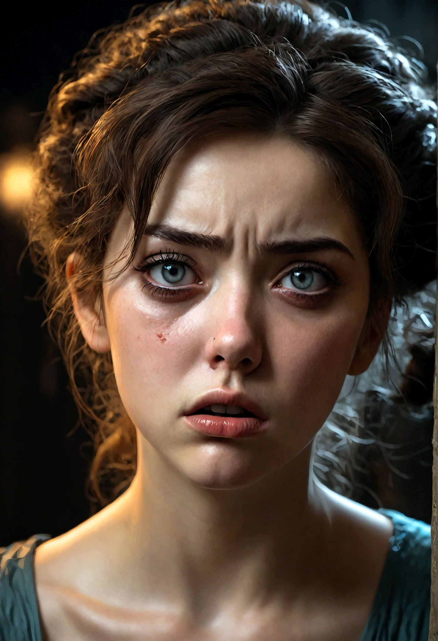 1girl, Disgusted Look, a disgusted woman with a scrunched up face, detailed eyes and lips, long eyelashes, expressive facial features, studio lighting, high quality, cinematic, hyperdetailed, dramatic lighting, cool color tones, gloomy atmosphere, horror, dark fantasy, masterpiece, best quality, very aesthetic, absurdres