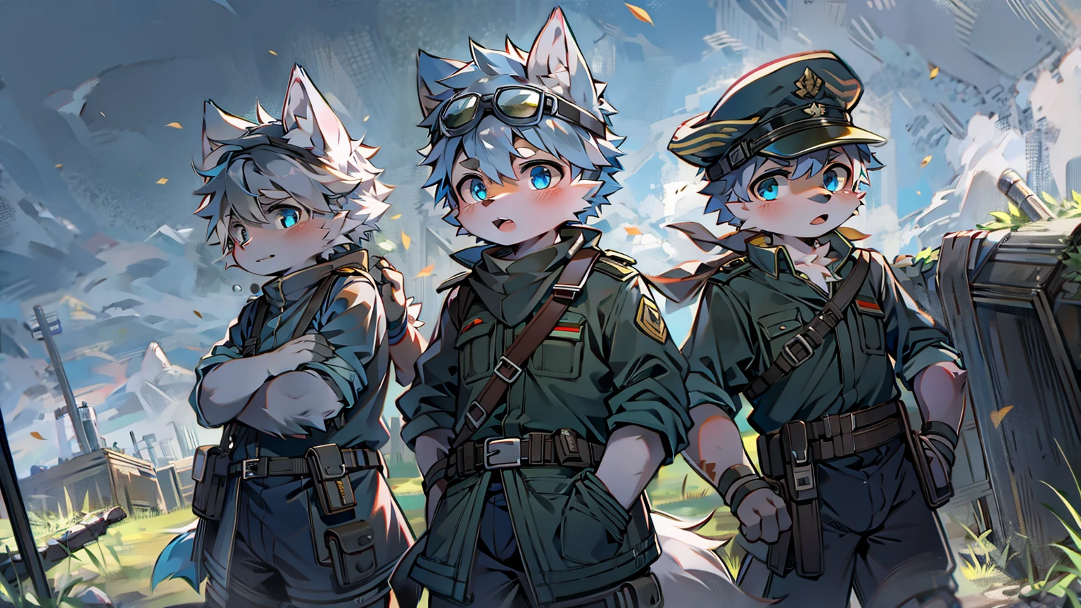 Wolf，Gray fur，Sky blue eyes，Black German military uniform，Wear goggles，The only one，The background is a dark battlefield，Break，Boys，juvenile