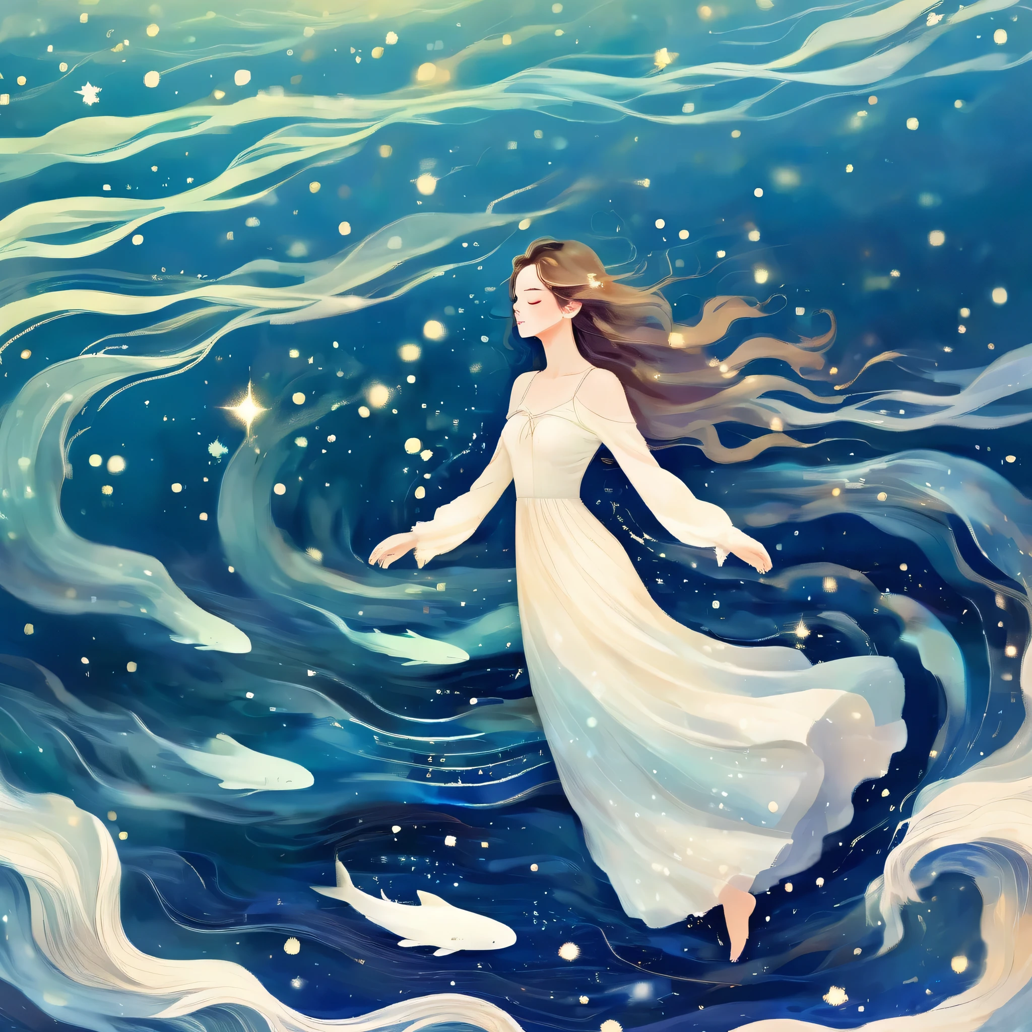 A girl in a white dress lies quietly in the blue sea，Close your eyes. The water surface is shining with blue waves. Her skin is fair and translucent, and stars,  illustration art, Ophelia, Instagram Style, Young beautiful Chinese female model, Kawaguchi skating rink style, ventilation, HG, Natural light, Data visualization design style, and beautiful details，The sea is full of stars，Stars。