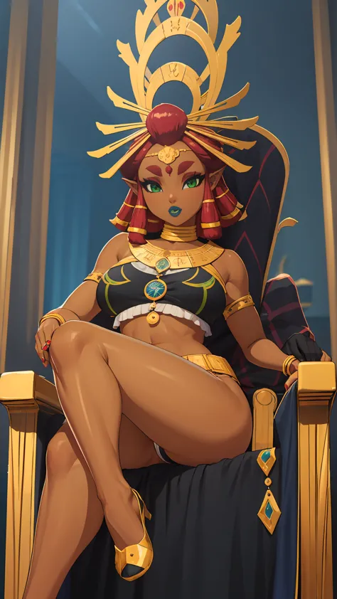 Big breasts, green eyes, dark blue lips, sitting on a throne, sexy legs, Riju