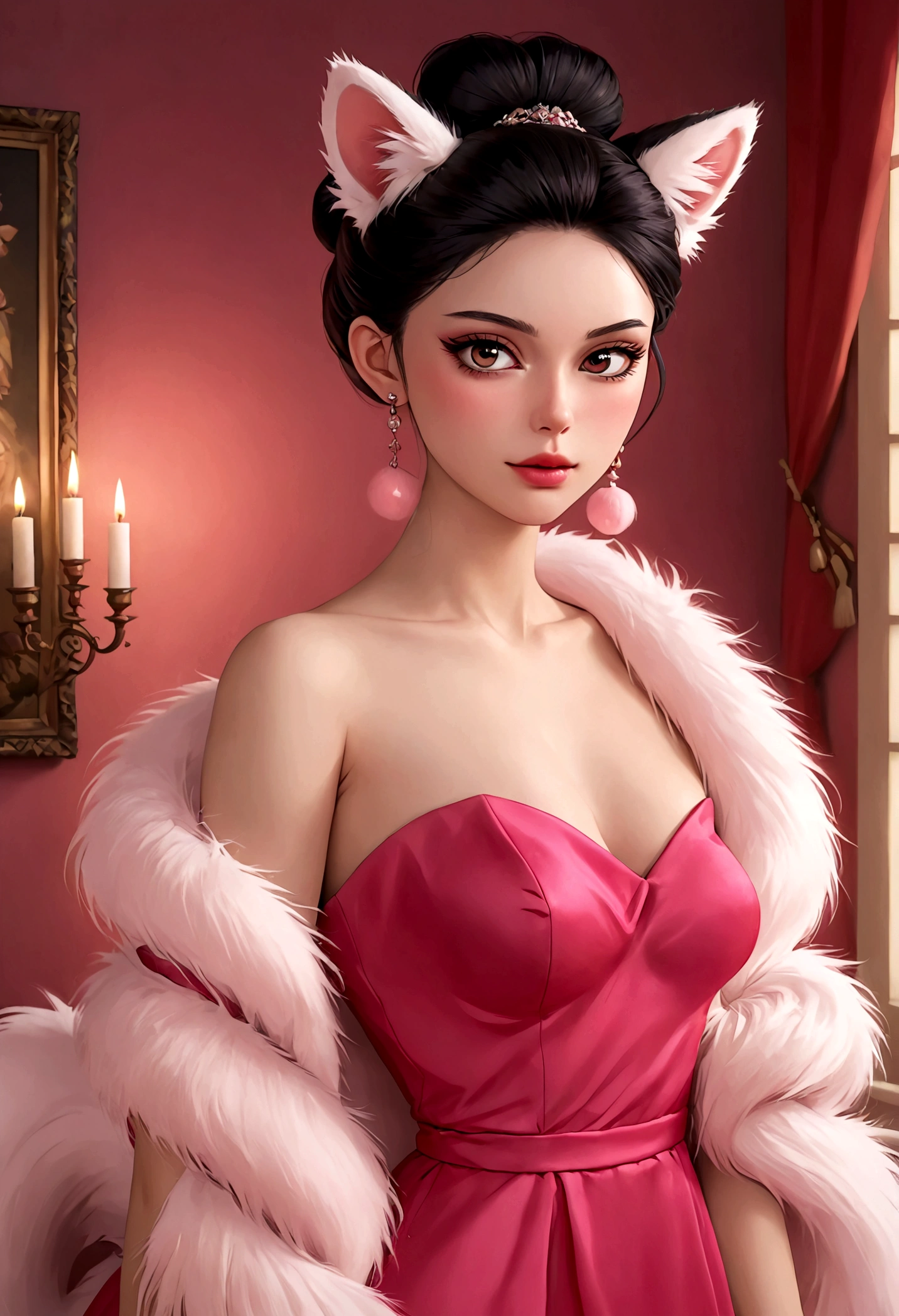 1girl, beautiful detailed face, beautiful detailed eyes, beautiful detailed lips, pink eyeshadow, blushing, (((fluffy furry big bushy tail))), black high bun hairstyle, pink fuzzy earrings, sexy red strapless dress, fur shawl, (best quality,4k,8k,highres,masterpiece:1.2),ultra-detailed,(realistic,photorealistic,photo-realistic:1.37),highly detailed portrait, intricate details, elegant, graceful, vivid colors, soft lighting, warm color tones