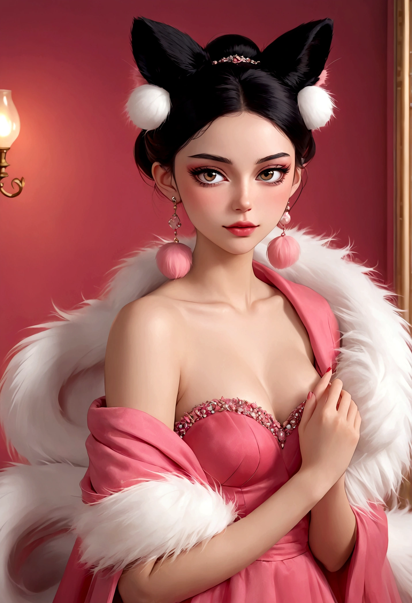 1girl, beautiful detailed face, beautiful detailed eyes, beautiful detailed lips, pink eyeshadow, blushing, (((fluffy furry big bushy tail))), black high bun hairstyle, pink fuzzy earrings, sexy red strapless dress, fur shawl, (best quality,4k,8k,highres,masterpiece:1.2),ultra-detailed,(realistic,photorealistic,photo-realistic:1.37),highly detailed portrait, intricate details, elegant, graceful, vivid colors, soft lighting, warm color tones