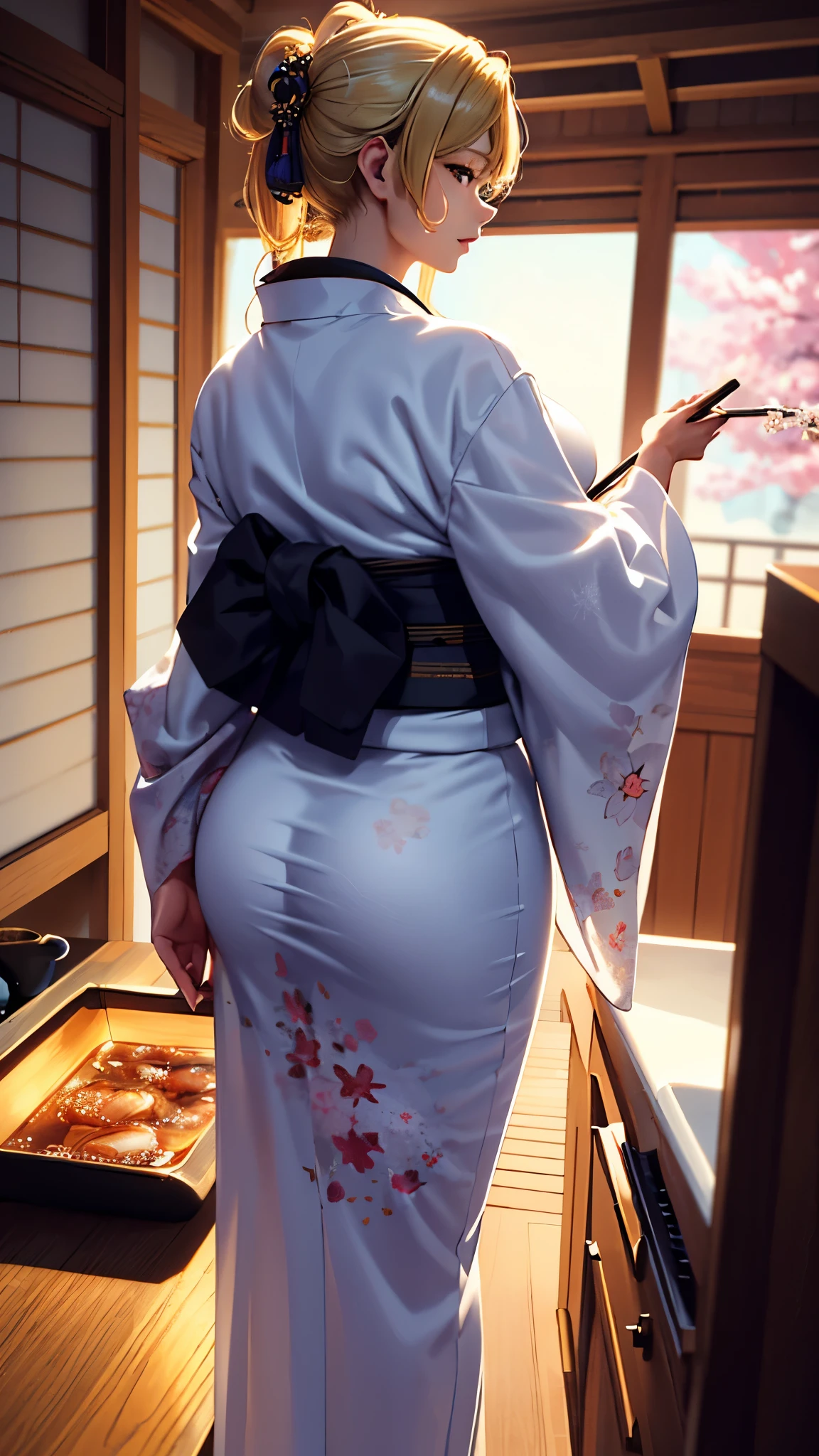 masterpiece, high quality, 4K, Beautiful design, silhouette，blonde， Very detailed，japanese house， wonderful, Finer details,  Very knowledgeable woman, Very detailedなソロ, 1 female,Big Breasts，Butt，Underwear Line，Yukata in white color，cooking，