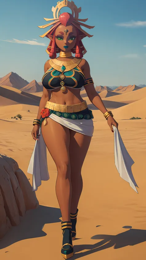 Big breasts, green eyes, dark blue lips, walk for desert, full body, Riju