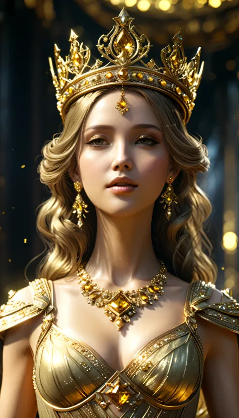 Close-up of a woman in a golden dress and crown, Unreal Engine Rendering + goddess, Movie goddess shot, Close-up shot of the mov...