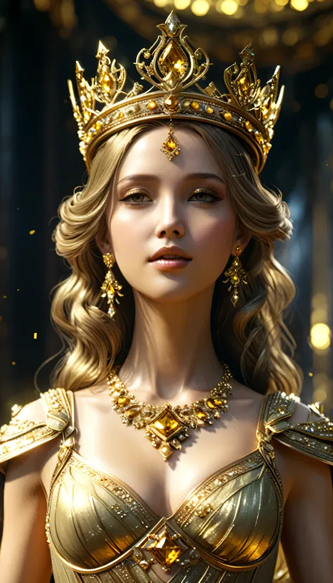 close-up of a woman in a golden dress and crown, unreal engine rendering + goddess, movie goddess shot, close-up shot of the mov...