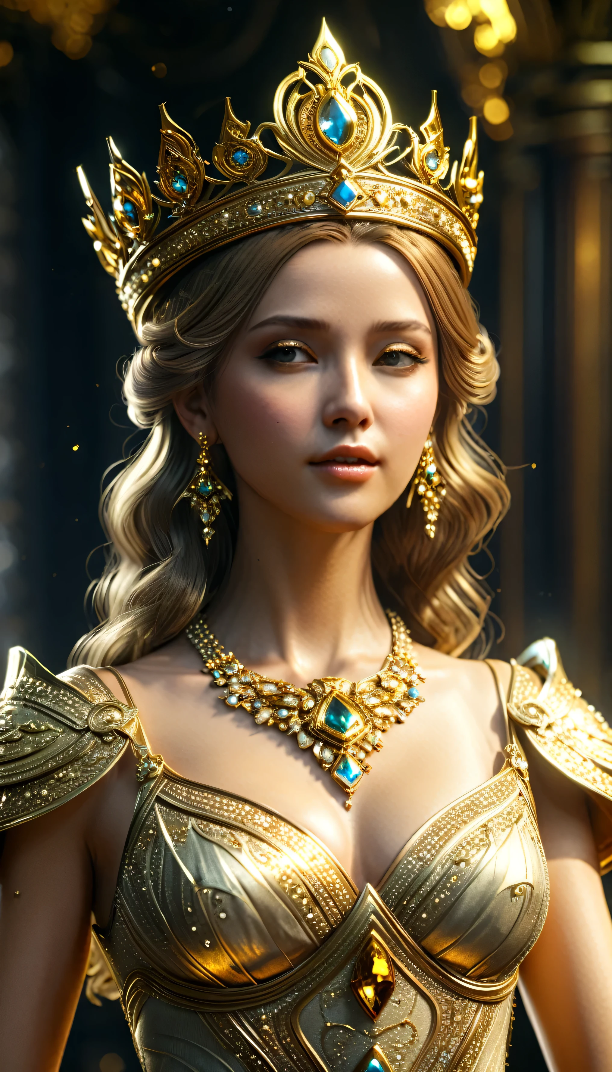 Close-up of a woman in a golden dress and crown, Unreal Engine Rendering + goddess, Movie goddess shot, Close-up shot of the movie goddess, Fantasy style 8k octane rendering, Movie CG Association, Elegant cinematic fantasy art, cgsociety 8 k, cgsociety 8k, cgsociety 8k, Unreal Engine Fantasy Art, Highly detailed goddess shot, cgsociety contest winner