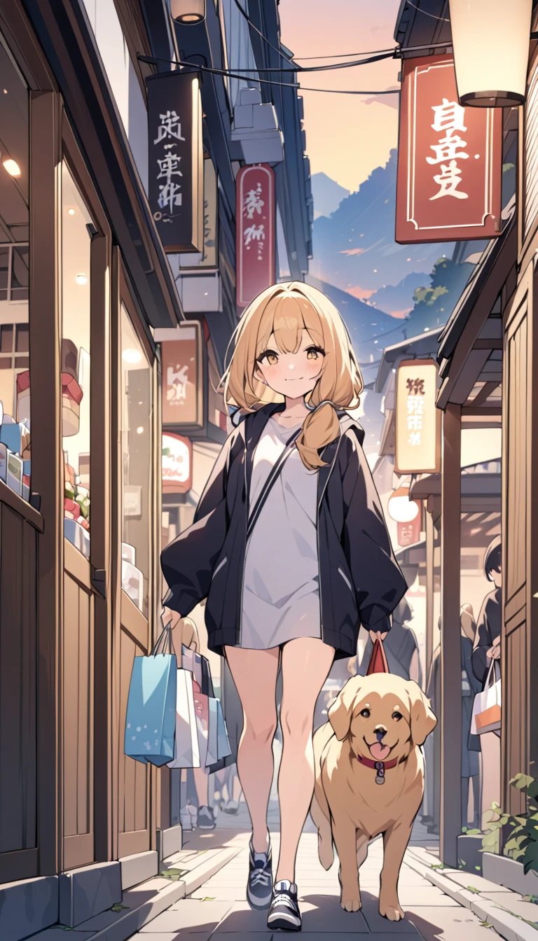 masterpiece:1.2,highest quality,A girl walking with a golden retriever,Shopping Street,purchase,Dusk covers the landscape,Cute girl,Cute dog,All smiles