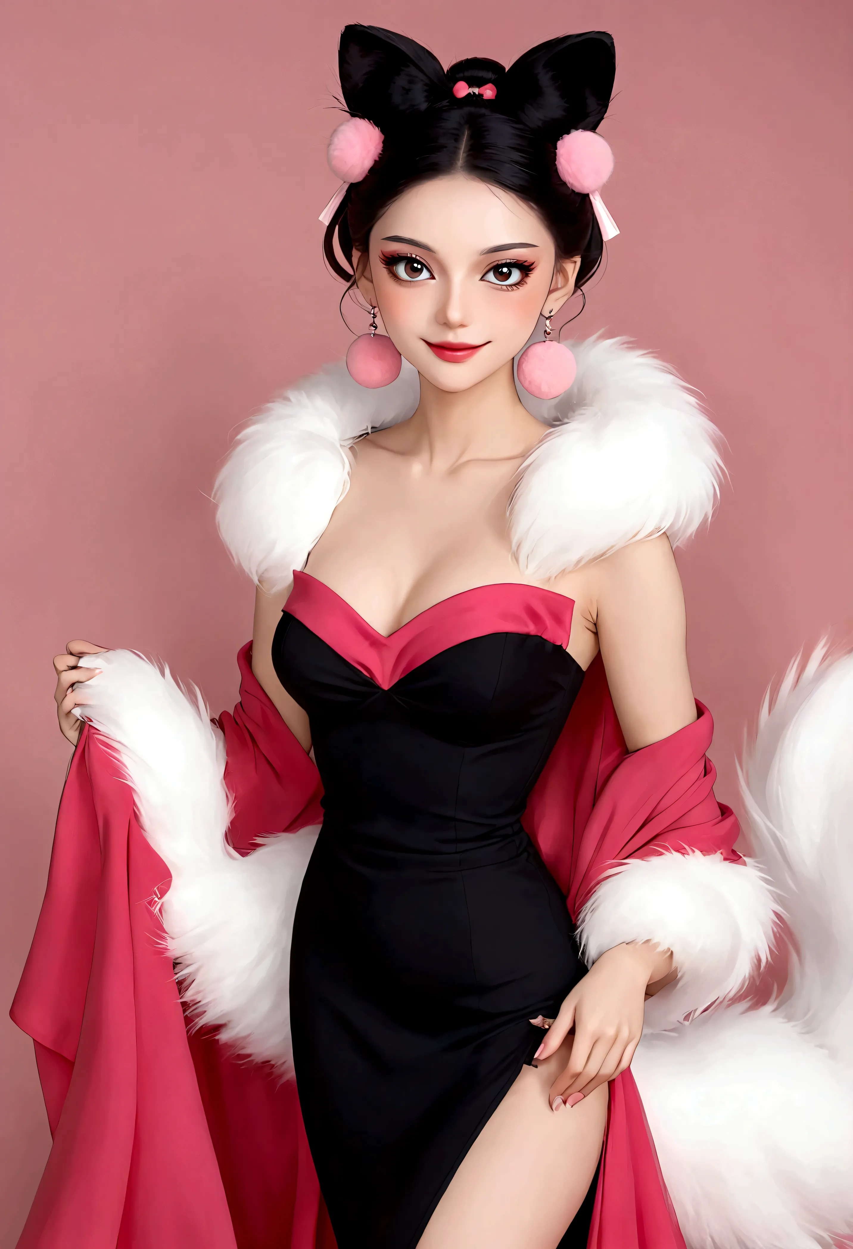 noble and elegant girl，beautiful face，beautiful eyes，pink eyeshadow，blush，smile，(((1 big, fluffy tail)))，black high bun，pink pom...