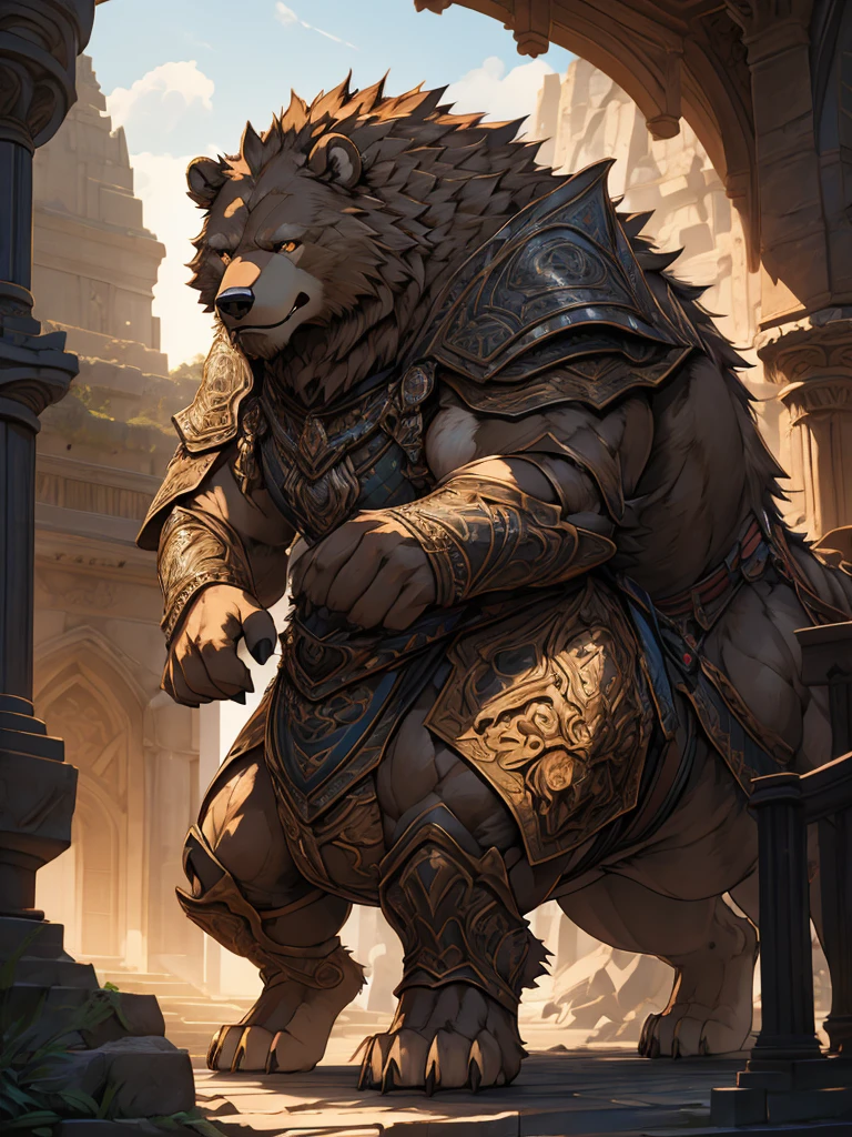 armored fur taur, armored fur, bear taur, quadruped, digitigrade, highly detailed, realistic, cinematic lighting, fantasy, (best quality,4k,8k,highres,masterpiece:1.2),ultra-detailed,(realistic,photorealistic,photo-realistic:1.37),intricate details, cinematic composition, dramatic atmosphere, volumetric lighting, detailed texture, muted tones, warm colors