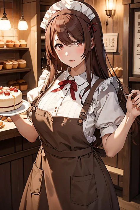 girl、light brown long hair、red eyes、big and ample breasts、apron、headdress、embarrassed、bakeries in medieval europe、cinematic ligh...