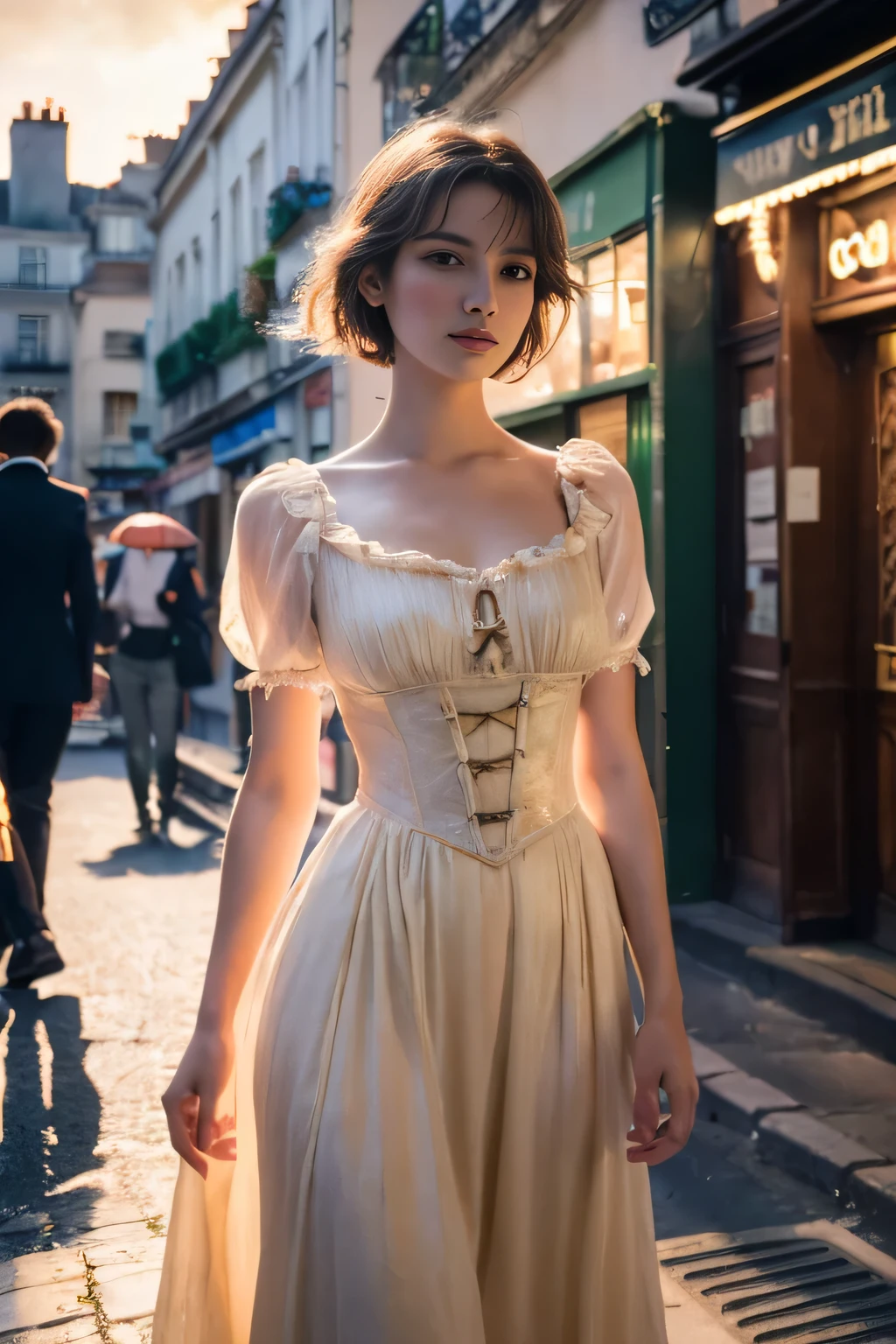 
((masterpiece:1.4, highest quality)), (Realistic photos:1.4), 
((1 girl)), (Otherworldly beauty), (dream-like),
(超High resolution:1.2), Very delicate and beautiful, wonderful, Very detailed CG Unity 8k wallpaper, Very detailed, High resolution, 
Soft Light, Beautiful detailed girl, Very detailedな目と顔, Beautiful and detailed nose, Beautiful and detailed, 
(Dressed in late 19th century French costume:1.3),
Cinema Lighting, Perfect Anatomy, Slender body, (Parted bangs), (Hairstyle:1.3),
(Impressionist portrait of a beautiful girl), (Standing on a street in Montmartre at the end of the 19th century:1.3), (evening), (after the rain), (Reflection of the sunset), (Impressionist light and colour), 
Cowboy Shot