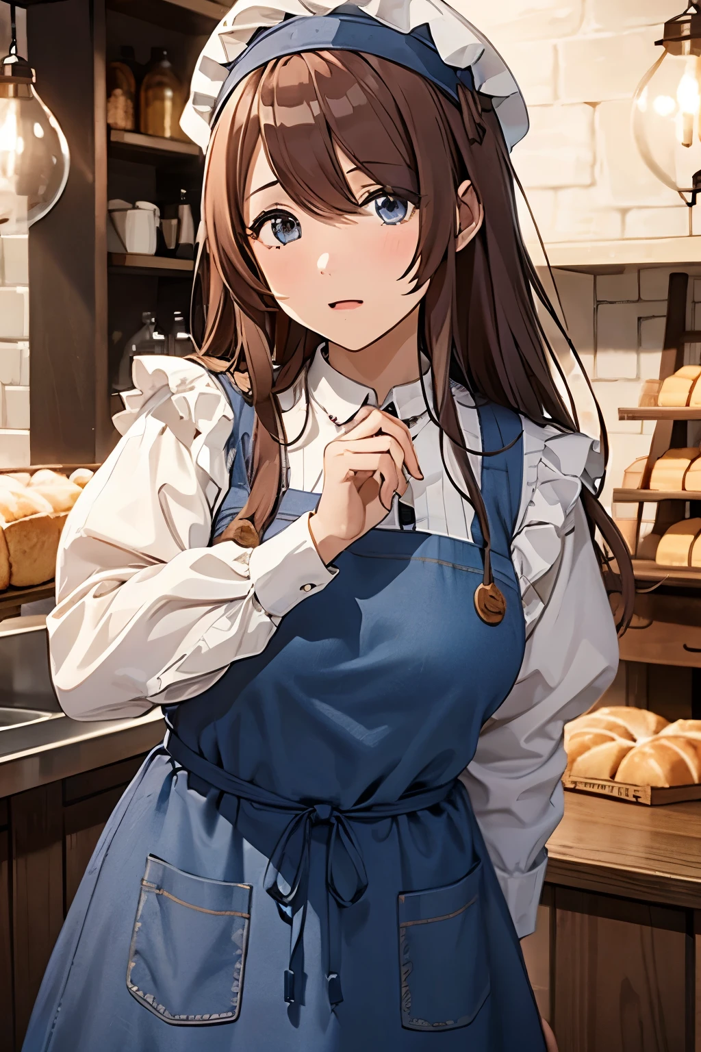 girl、Light brown long hair、Blue Eyes、Big and ample breasts、Brown apron、White headdress、Embarrassed、Medieval European bakery、High resolution、solo、