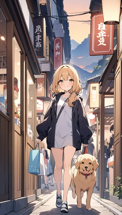 masterpiece:1.2,highest quality,A girl walking with a golden retriever,Shopping Street,purchase,Dusk covers the landscape,Cute g...