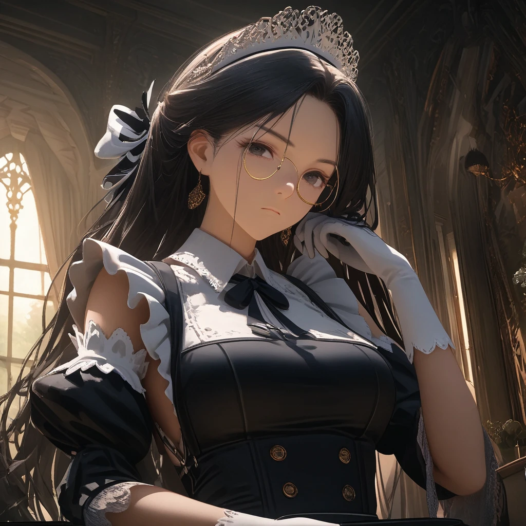 Woman、maids,Monocle、Black Hair、long hair,black eyes、headpiece、White gloves、expressionless、Historic Mansion,(masutepiece:1.3),(Best Quality:1.2),8K,absurderes,unity 8k wallpapper,(Extremely detailed:1.3),highest grade,hight resolution,amazing,Illustration,beautiful studio soft light,stunningly beautiful,unbelievable Ridiculous,vibrant detail,Cinematic lighting,Moody lighting,pixiv,Award-winning, Professional, Highly detailed,Perfect detailed face