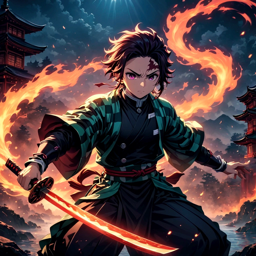 (1 male,Tanjiro Kamado),Demon slayer,Tanjiro Costume,tanjiro has a sword,Water and fire effects,Intricate details,,Decadent,artwork,rendering,Dynamic pose,(masterpiece:1.3),(highest quality:1.4),(Super detailed:1.5),High resolution,Very detailed,unity 8k wallpaper,Dark fantasy,,Glare,Fighting Style,Glare,Desperate form,BREAK,The sword is a Japanese sword,Japanese swords are straight and have a metallic luster..,Please hold the handle of the Japanese sword