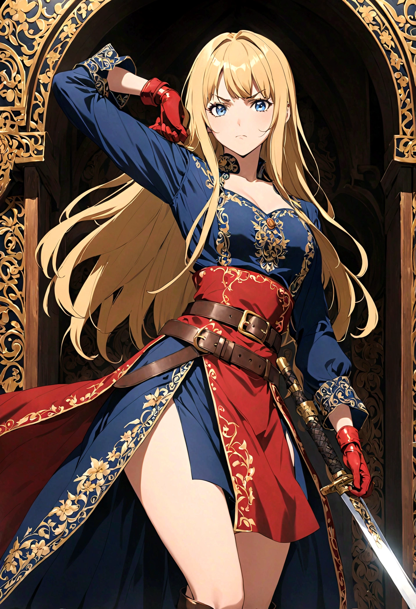 20-year-old anime girl, long blonde hair, blue eyes, angry expression, long dark blue skirt with gold embroidery at the hem, old-fashioned blue blouse with long fitted sleeves, adorned with red details, red leather gloves that reach her elbows, dark brown leather boots that reach mid-calf, leather belt adorned with a golden buckle and red details, her weapon is a huge greatsword with a gold and red decorated handle, hanging on her back in an ornate sheath. 