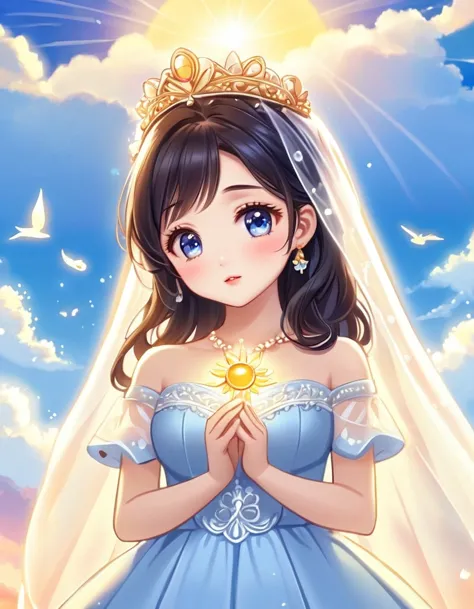 from below, close up face, chibi, cute, pretty, kawaii, imagine the scene of the sun and the sky princess’s wedding. the sky pri...