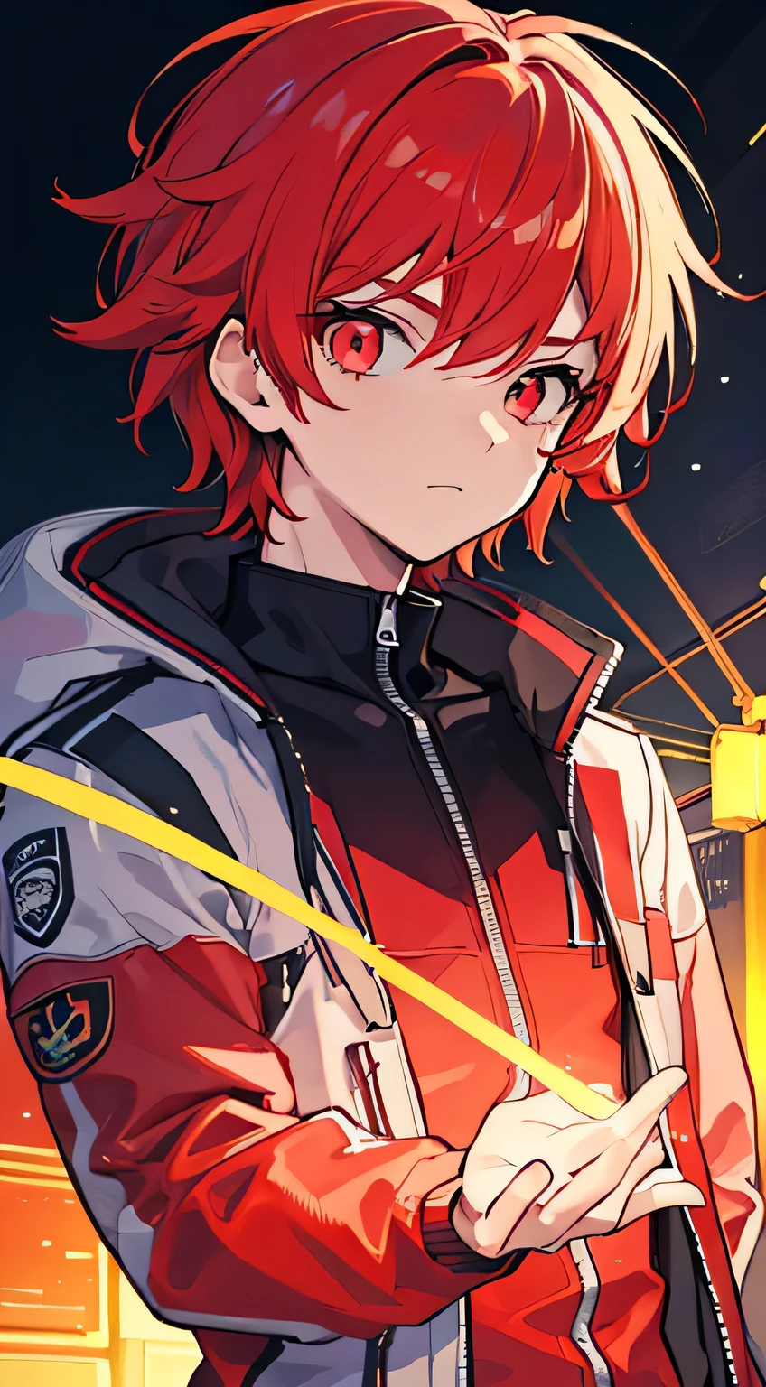 1 boy , male, glowing red eyes, colourful glowing red hair, wearing sci-fi jacket, anime style, high detail, Futurism, glowing light, UHD, retina, masterpiece, ccurate, anatomically correct, textured skin, super detail, high details, high quality, award winning, best quality, highres