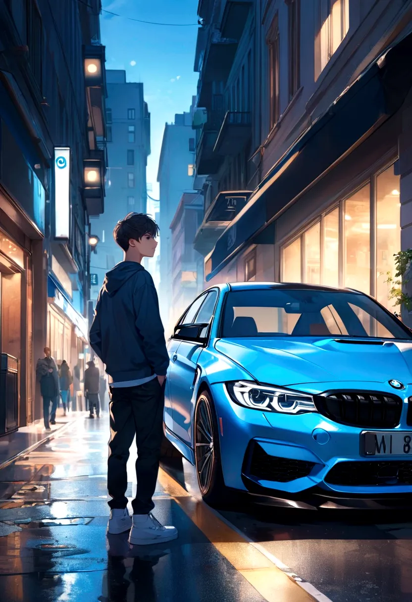 A boy looking for a blue BMW, m3 g80 in the city