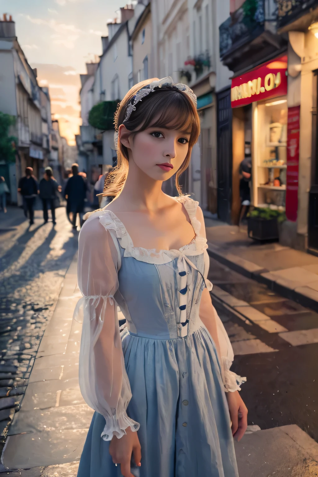 
((masterpiece:1.4, highest quality)), (Realistic photos:1.4), 
((1 girl)), (Otherworldly beauty), (dream-like),
(超High resolution:1.2), Very delicate and beautiful, wonderful, Very detailed CG Unity 8k wallpaper, Very detailed, High resolution, 
Soft Light, Beautiful detailed girl, Very detailedな目と顔, Beautiful and detailed nose, Beautiful and detailed, 
(Dressed in late 19th century French costume:1.3),
Cinema Lighting, Perfect Anatomy, Slender body, (Parted bangs),
(Impressionist portrait of a beautiful girl), (Standing on a street in Montmartre at the end of the 19th century:1.3), (evening), (after the rain), (Reflection of the sunset), (Impressionist light and colour), 
Cowboy Shot