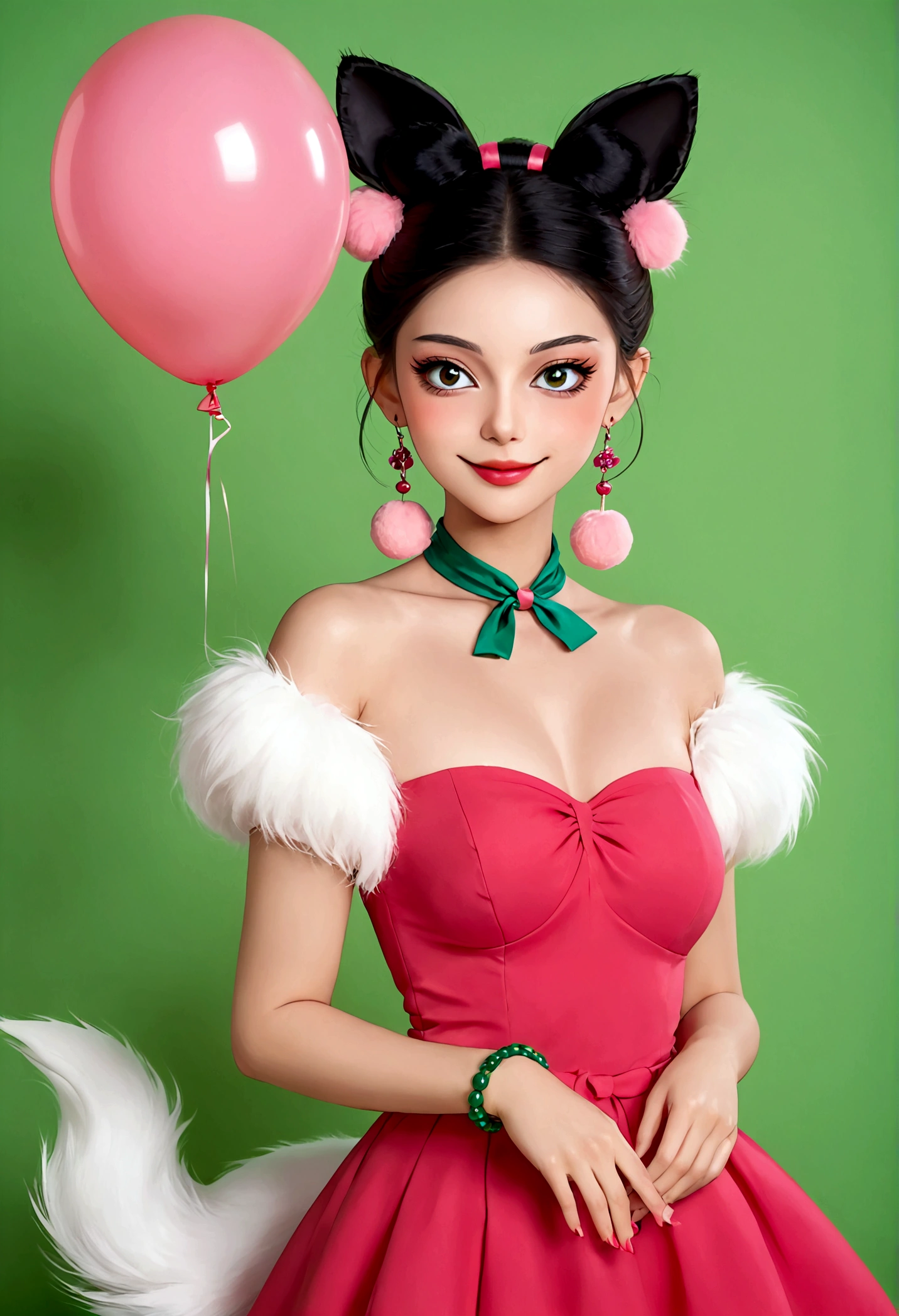 Noble and elegant girl，Beautiful face，beautiful eyes，Pink Eyeshadow，blush，Smile，(((1 big, fluffy tail)))，Black high bun，Pink pompom earrings，Sexy red tube top dress，Collar，Green Bracelet，Green balloon background wall blur