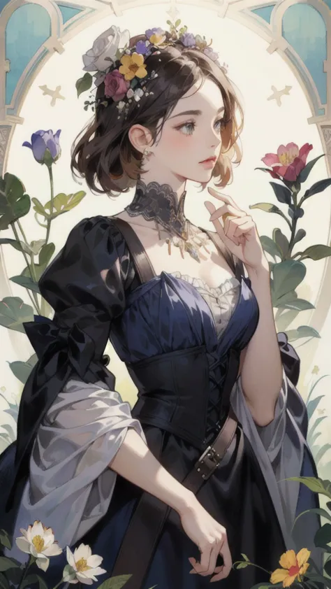 There is a woman in a dress with flowers on her head, Detailed painting by Jan J., Pixiv, Gothic art, Exquisite digital illustra...