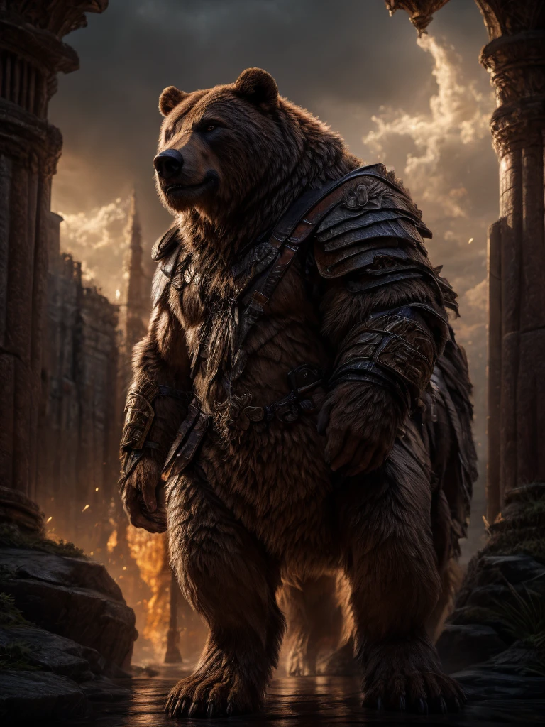 armored fur taur, armored fur, bear taur, quadruped, digitigrade, highly detailed, realistic, cinematic lighting, fantasy, (best quality,4k,8k,highres,masterpiece:1.2),ultra-detailed,(realistic,photorealistic,photo-realistic:1.37),intricate details, cinematic composition, dramatic atmosphere, volumetric lighting, detailed texture, muted tones, warm colors