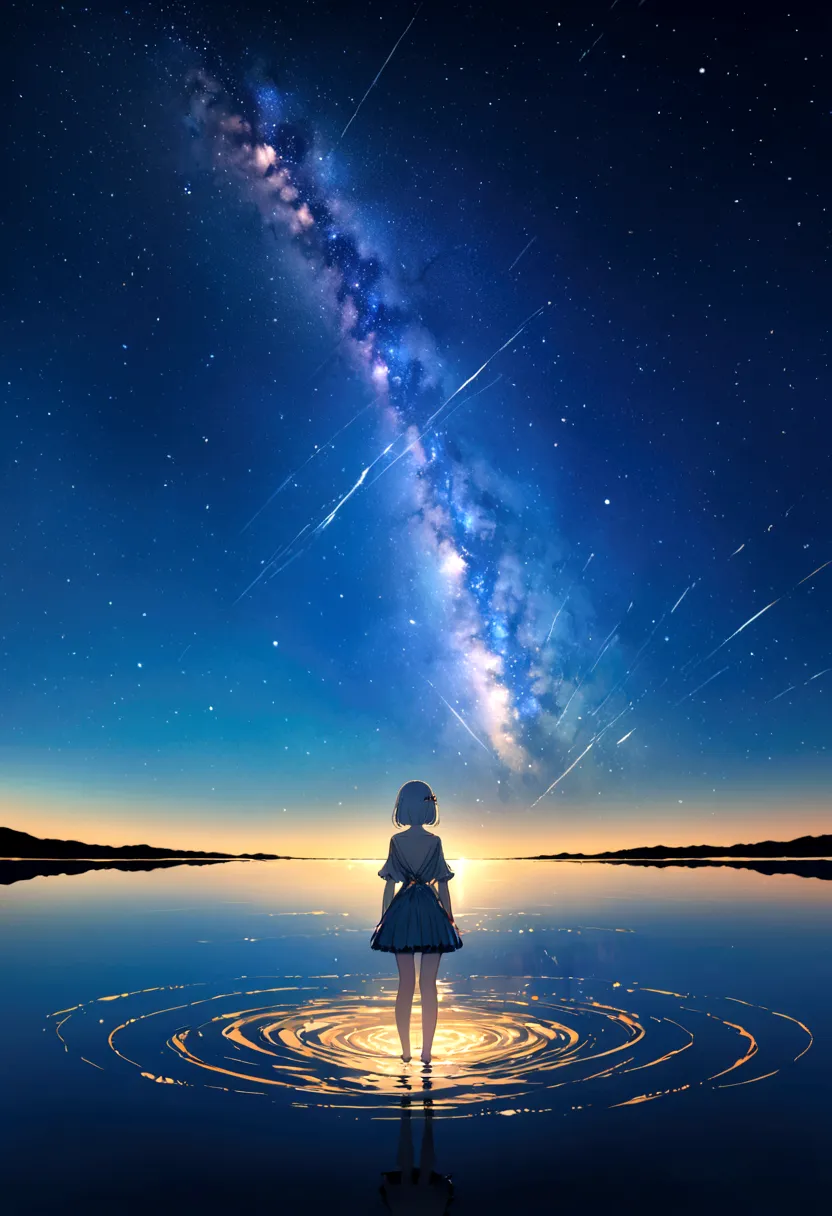 highest quality，masterpiece，8k，girl,Silver braided short bob hair，starry skies,（Standing in the center of the lake）,wide shot ,t...