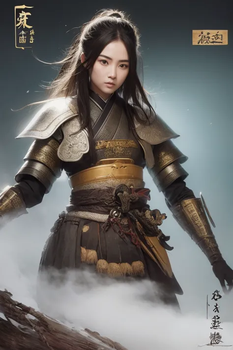 samurai、female、1 person、Samurai residence、cool、sexy、Armor、Japanese sword、have、the wind is strong、fog