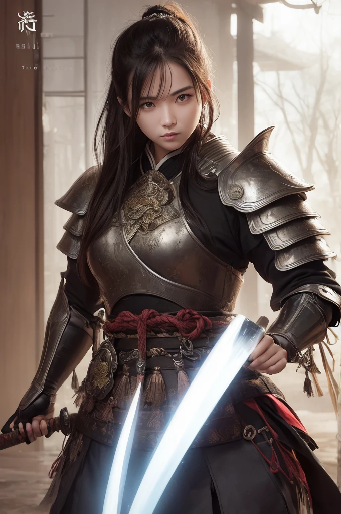 samurai、femenino、1 person、Residencia Samurái、Frío、sexy、armadura、espada japonesa、tener、el viento es fuerte、niebla