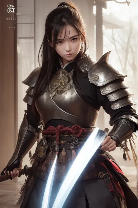 samurai、female、1 person、Samurai residence、cool、sexy、Armor、Japanese sword、have、the wind is strong、fog