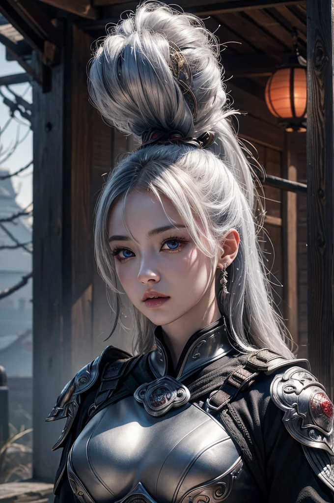 samurai、female、1 person、Samurai residence、cool、sexy、Armor、Japanese sword、have、the wind is strong、fog、highest quality、8k Masterpiece、超A high resolution、(Photorealistic:1.3)、RAW Photos、((Ultra-Realistic Details))、Portrait、Global Illumination、Shadow、Octane Rendering、8k、Super sharp、Beautiful breasts、Metal、Cold colors、、Very intricate details、Realistic Light、CGSoation Trend、femaleの子1 person、Silvery white hair、Glowing Skin、Super beautiful cyberpunk soldier、Beautiful Eyes、Shining Eyes、sexy、Lots of exposure、１００A red Japanese lantern sparkles