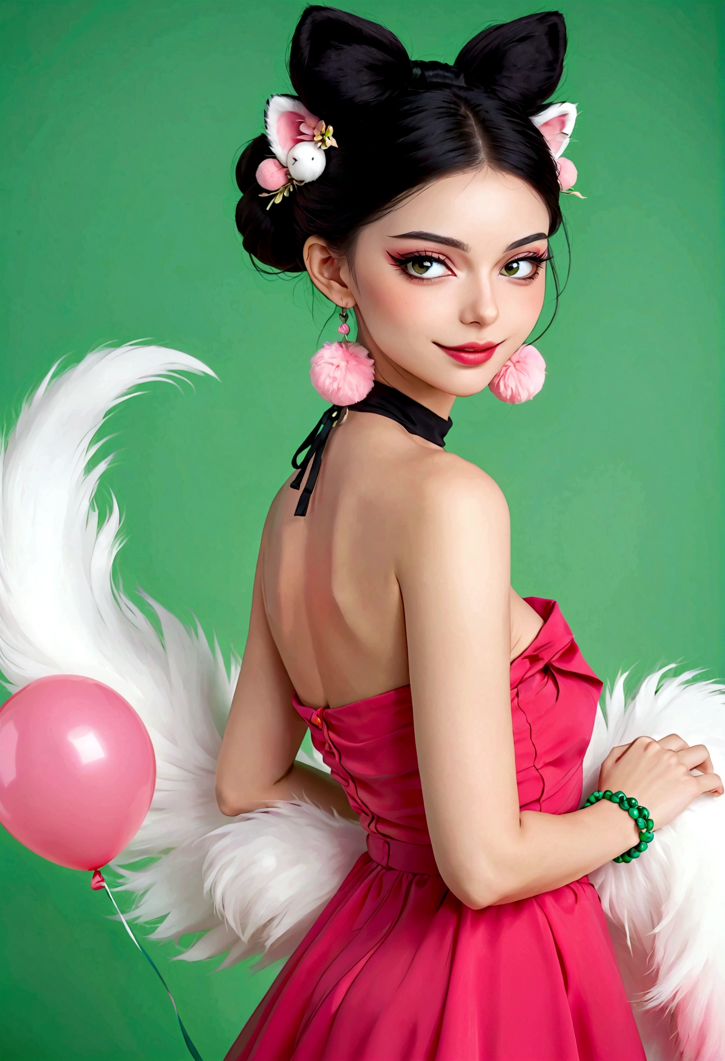 Noble and elegant girl，Beautiful face，beautiful eyes，Pink Eyeshadow，blush，Smile，(((1 big, fluffy tail)))，Black high bun，Pink pompom earrings，Sexy red tube top dress，Collar，Green Bracelet，Green balloon background wall blur