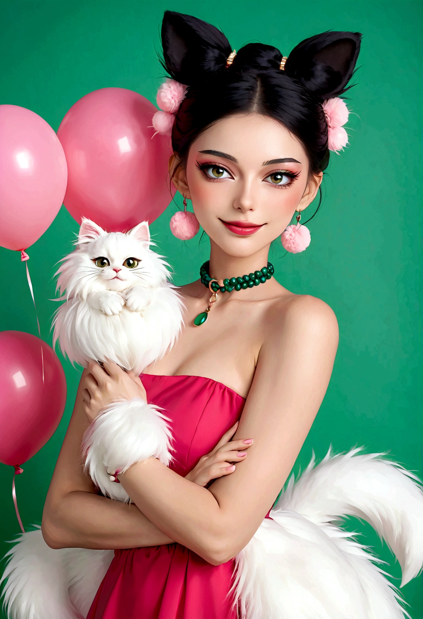 Noble and elegant girl，Beautiful face，beautiful eyes，Pink Eyeshadow，blush，Smile，(((1 big, fluffy tail)))，Black high bun，Pink pompom earrings，Sexy red tube top dress，Collar，Green Bracelet，Green balloon background wall blur