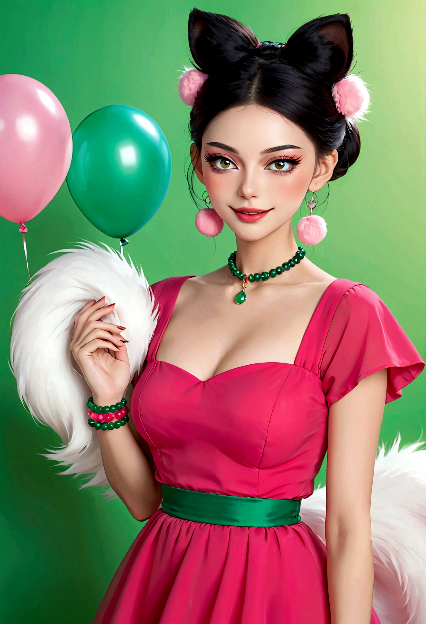 Noble and elegant girl，Beautiful face，beautiful eyes，Pink Eyeshadow，blush，Smile，(((1 big, fluffy tail)))，Black high bun，Pink pompom earrings，Sexy red tube top hip dress，Collar，Green Bracelet，Green balloon background wall blur