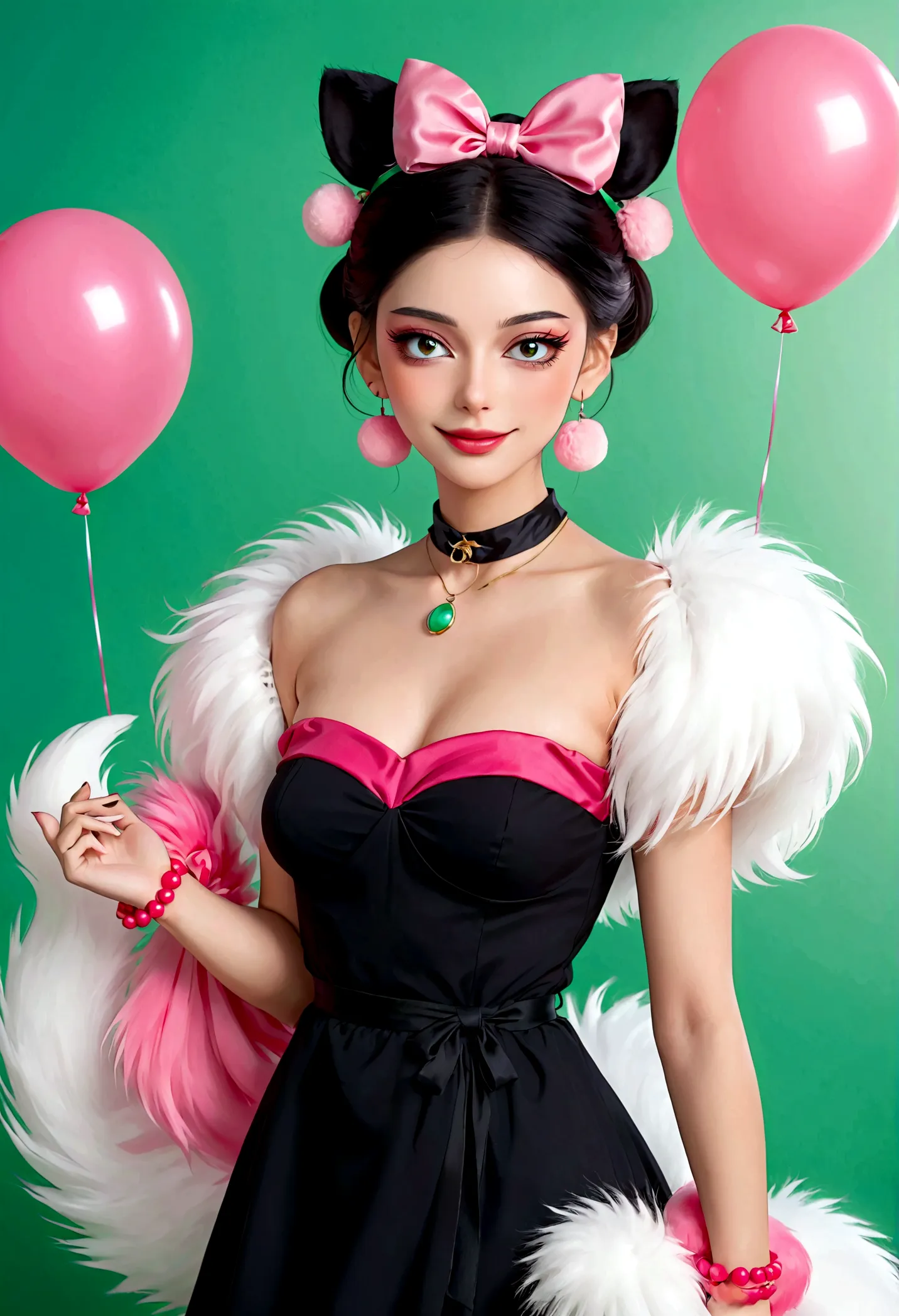 noble and elegant girl，beautiful face，beautiful eyes，pink eyeshadow，blush，smile，(((1 big, fluffy tail)))，black high bun，pink pom...