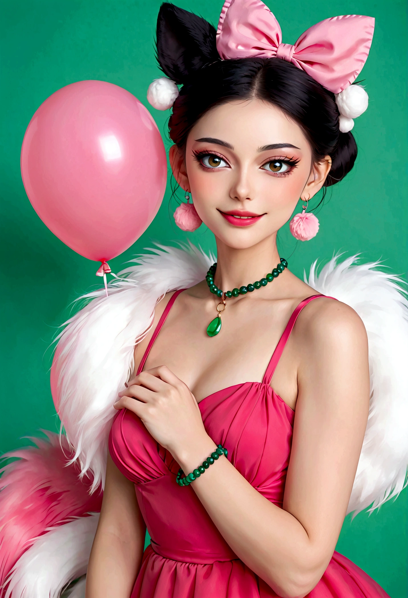 Noble and elegant girl，Beautiful face，beautiful eyes，Pink Eyeshadow，blush，Smile，(((1 big, fluffy tail)))，Black high bun，Pink pompom earrings，Sexy red tube top hip dress，Collar，Green Bracelet，Green balloon background wall blur