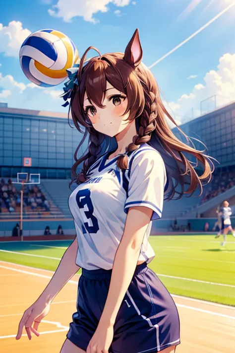 mejiro_bright_(umamusume), volleyball, multiple girls, sportswear, stadium